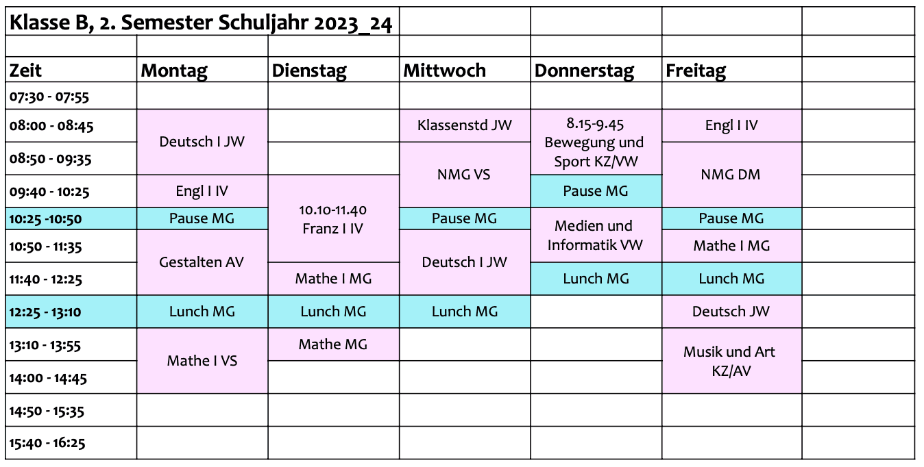 Stundenplan für die 7. Klasse