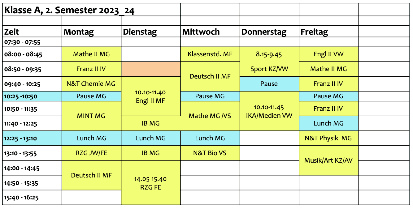 Stundenplan für die Sportklasse